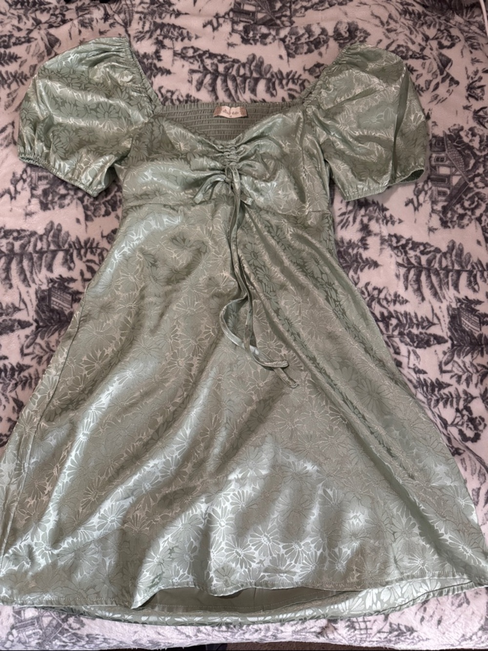 Altar’d State Sage Green Floral Satin Tie-Front Dress